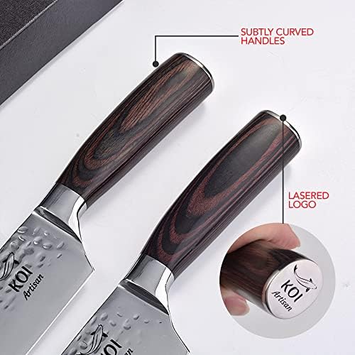 KOI ARTISAN Hammered Finish 2 Pieces Knife Set - Gift Kitchen Knife Set Japanese Steel, Professional Chef Knife - Nakiri Knife Slicing Hammered Forging Kitchen Knives with Pakka Wood Handle