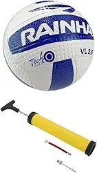 Bola de Vôlei Profissional Rainha Texturizada 3.5 Azul e Branca Oficial + Bomba de Ar Manual | Costurada | Toque Macio | Câmara Butílica | Ideal para Treino, Jogos, Lazer, Quadra e Areia.