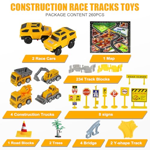 Image of 260 PCS Construction Race Tracks for Kids Toys, 2 Racing Cars, 4 Construction Cars, 1 Map & Flexible DIY Track Set, Engineering Toys for 3 4 5 6 Year Old Boys Girls