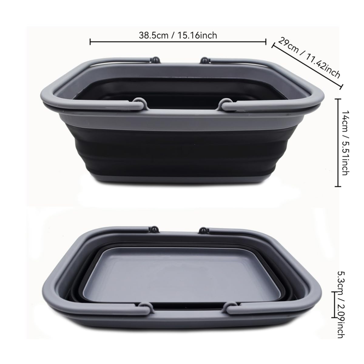 SAMMART Bañera plegable de 9.2 L con asa, cesta portátil de picnic al aire libre, bolsa de compras plegable, contenedor de almacenamiento para ahorrar espacio (negro y azul, 2)