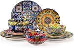 Sweejar Ceramic Dinnerware Sets for 4,12 Pieces Boho Plates and Bowls for Housewaring Gift,Bohemian Style Dish Set,Dishwasher and Microwave Safe(Colorful)