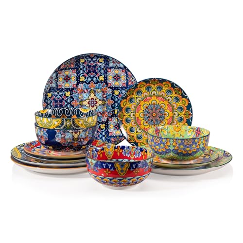 Sweejar Ceramic Dinnerware Sets for 4,12 Pieces Boho Plates and Bowls for Kitchen,Housewaring Gift,Bohemian Style Dish Set,Dishwasher and Microwave Safe(Colorful)