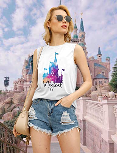 Magic Castle Tank Top Women Magic Kingdom Graphic Tee Girls Trip Shirts Casual Holiday Vacation Sleeveless Tops White #TOP2