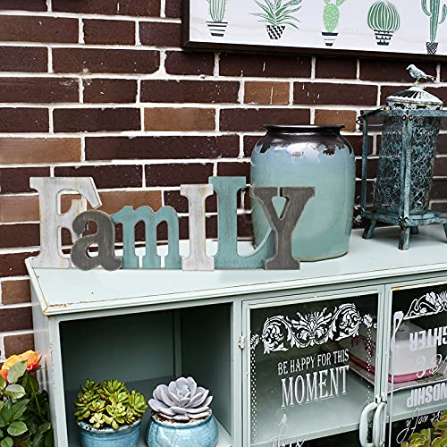 E-View Wooden Letters Sign Decorative Wood Block Signs Freestanding Word Cutout Distressed Teal Sign For Shelf Table Mantle Hanging Ornament Rustic Home Decor (Family) #TOP1