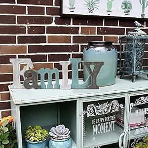 E view Wooden Letters Sign Decorative Wood Block Signs Freestanding Word Cutout Distressed Teal Sign for Shelf Table Mantle Hanging Ornament Rustic Home Decor Family