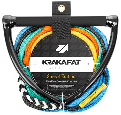KRAKAFAT 75ft Water Ski Rope, Wakeboard Rope - 13' Floating Handle with NEW Superior No-Peel Seamless EVA Grip - 7 Sections - 1-2 Rider Tube Tow Rope for Tubing - Boat Tow Rope for Kneeboard