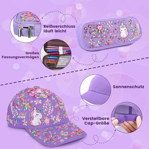 YOOHBERRYS Geschenke für Mädchen, DIY Trinkflasche Baseballkappe Federtasche, Bastelsets Trinkflasche mit Einhorn Aufklebern, Geburtstag Geschenk Schulanfang für Mädchen 4 5 6 7 8 9 Jahre (Lila)