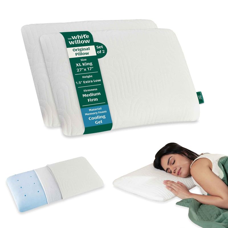 The White Willow Ultra Thin Pillow for Sleeping-Ultra Slim Memory FoamPillow Set of 2-CoolGelSlim Pillow for Neck & ShoulderPain-FlatPillow-OrthopedicCervical Neck Pillow-XL King-1.5" H-Classic White