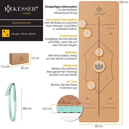 Foto von KESSER® Yogamatte Kork Inkl. Tragegurt Tasche & Yoga-Block Gymnastikmatte Yoga Matte rutschfest aus Naturkautschuk TPE Fitnessmatte, 183 x 62 Trainingsmatte für Fitness Sportmatte, Gymnastik extradick