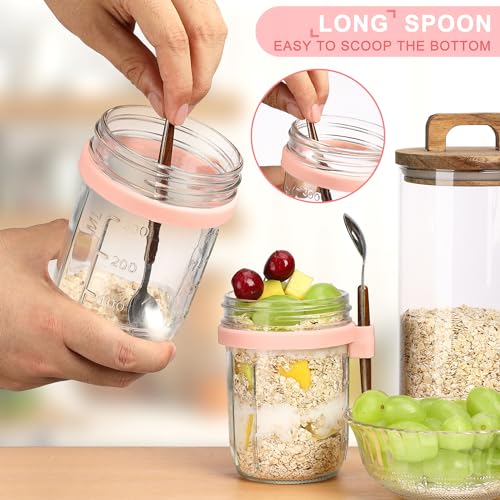 Image of 16 oz Glass Mason Overnight Oats Jars, Large Capacity Airtight Jars for Milk, Cereal, Fruit (Pink-2Pcs) 2 Pack Overnight Oats Containers with Lids and Spoon