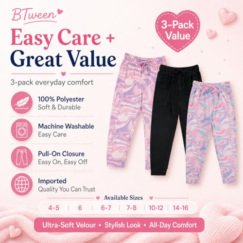 Image of BTween Girls 3 Pack Velour Jogger Pant Set Solid, Tie Dye or Camo Sweatpants for Girls