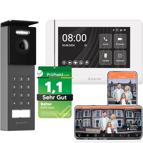 Balter ENTRI S Aufputz Video Türsprechanlage mit Kamera und Klingel, Gegensprechanlage Doorbell mit Türklingel und PIN Code, 2-Draht 1x 7 Zoll WiFi HD Monitor Smartphone App 1 Familienhaus Set