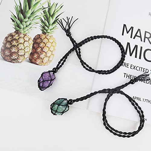Anjiucc Natural Raw Gemstone Crystal Pendant Necklace Stone Holder Necklace Cord Hand-Woven Necklace With Adjustable Length For Women Men(2 Pcs Amethyst+Green Fluorite) thumb #4