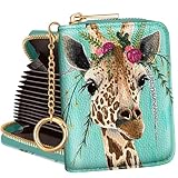 Bistup Credit Card Holder for Women Cute Small for Ladies Teen Girls Female Rfid Leather Cardholder Wallets with Keychain Accordion Organizer Purse Giraffe Animal Girly Aesthetic Print Unique Zipper