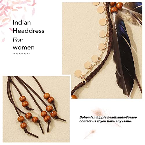 Cakure Feather Headbands Sequin Head Chain Gypsy Indian Headpieces Bead Hippie Headbands Boho Hair Chain Feather Hair Accessories For Women And Gilrs (Type A) #TOP6