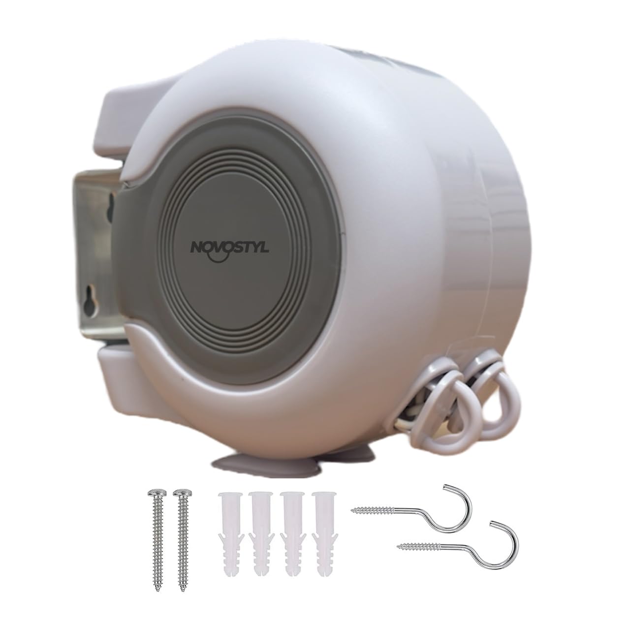 Novostyl White 30 Metre Retractable Reel Clothes Lines Washing Line With Twin Cable - Wall Mounted Heavy Duty Clothes Dryer | 30M, 2 X 15M Lines Of Drying Space
