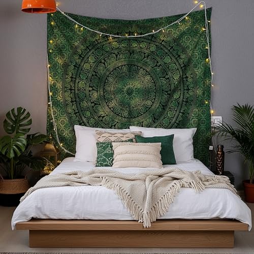 Image of Craft Trade 54x84 Inches Dark Green Cotton Mandala Ombre Wall Hanging Tapestry