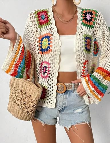 Gihuo Women Bohemian Floral Crochet Cardigan, Hollow Out Long Sleeve Open Front Sweater Cardigan, Multicolor Granny Square2