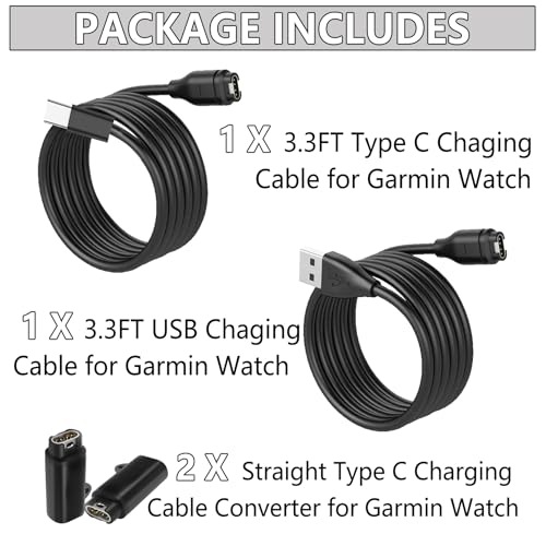 Image of 2 Pack for Garmin Watch Charger Cable for Fenix 5 /5S /5X /6 /6S /6X /7 /7S /8, Vivoactive 3 /4 /4S, Instinct, Forerunner 945, 3.3FT USB C and USB Charging Dock Cradle Data Cord with 2Pcs Adapter