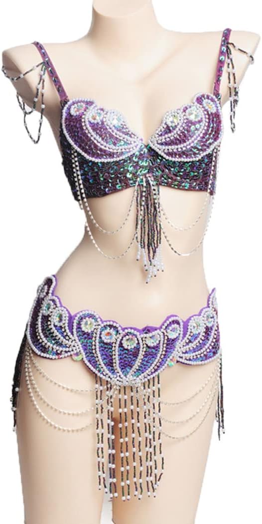 Women Belly Dance Outfits Performance Dresses Tribal Belly Dancwer Costumes Belly Dance Bra and Belt 2 Piece Set