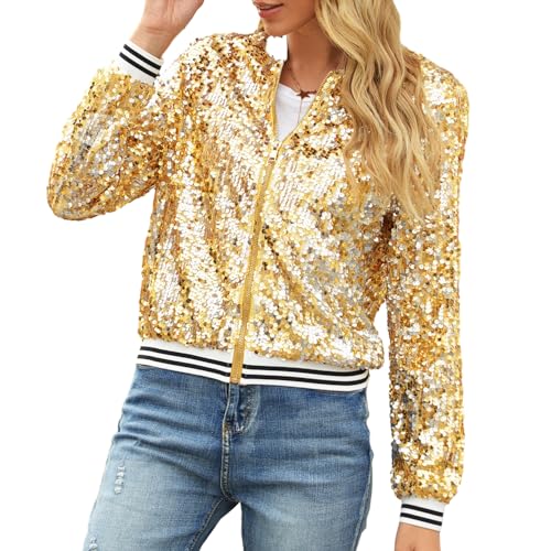 Women Sequin Jacket Long Sleeve Front Zipper Ribbed Blazer Bomber Jacket2