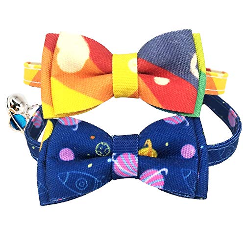 KUDES Cat Collar Breakaway with Cute Bow Tie and Bell Charms, 2 Pack/Set Adjustable Safety Buckle Printed Pet Collars for Kitty Puppies and Other Small Animals (Rainbow & Space) - Thumbnail 5