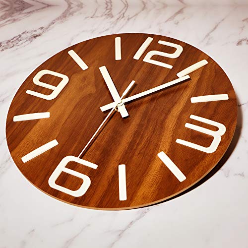 Plumeet Luminous Wall Clocks - 12'' Non-Ticking Silent Wooden Clock With Night Light - Large Decorative Wall Clock For Kitchen Office Bedroom,Battery Operated (3D Number, Brown Face) #TOP4