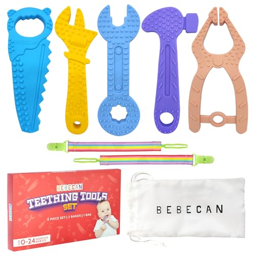 Image of BEBECAN Teething Tools Teether for Baby - 5 Premium Food-Grade Silicone Baby Boy Teething Toys, 2 Straps for Safety and Travel Bag Baby Tool Toys Provide Soothing Relief and Healthy Development.