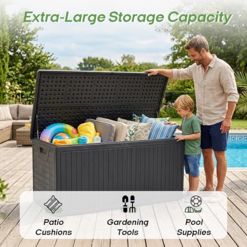 Image of 370 Gallon Extra Large Deck Box Waterproof, Thick Resin, Black