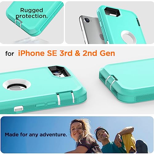 Image of AICase for iPhone SE Case 3rd & 2nd Generation, for iPhone SE 2022 /2020 Built-in Screen Protector Heavy Duty Protective Shockproof 3-Layer Full Body Rugged Phone Cover, Aqua Mint /White