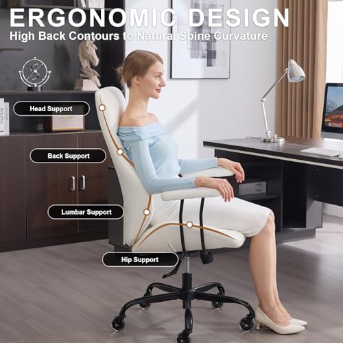 Image of E-Motie Leather Office Chair, Mid Century Modern Desk Chair, White | Ergonomic, Lumbar Support, 360 Swivel & Rolling Wheels, Adjustable Height, for Adults & Women