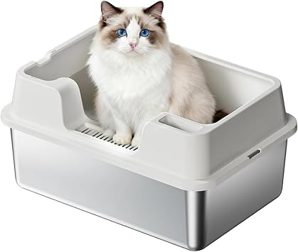 Leak-Proof Semi-Enclosed Shield - Extra Large Stainless Steel Cat Litter Box with Lid for Big Cats - High Sided, Non-Stick, Odor-Free, Easy Clean Tray - 60x40x22cm, White