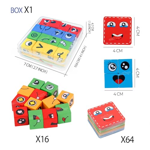 Image of Zest 4 Toyz 64 Pcs Wooden Emoji Face Changing Cube Puzzle Game for Kids Cards Game Face Changing Blocks Game Expression Matching Blocks for Kids Educational Learning Toy (Multicolor) - Age 3+