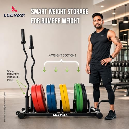 Image of LEEWAY Weight Rack for Home Gym with Barbell Stand | Gym Weight Plate Stand for Home | Heavy-Duty Steel Frame | Bumper Plate & Barbell Organizer | Compact Easy-to-Move Rack for Fitness Studio (Bumper Weight Rack)