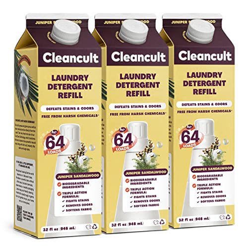 Cleancult Liquid Laundry Detergent Refills, Juniper Scandalwood, 32oz, 3 Pack - Hypoallergenic Skin-Safe Formula - Tough on Stains and Smells - Up to 64 Loads Per Carton