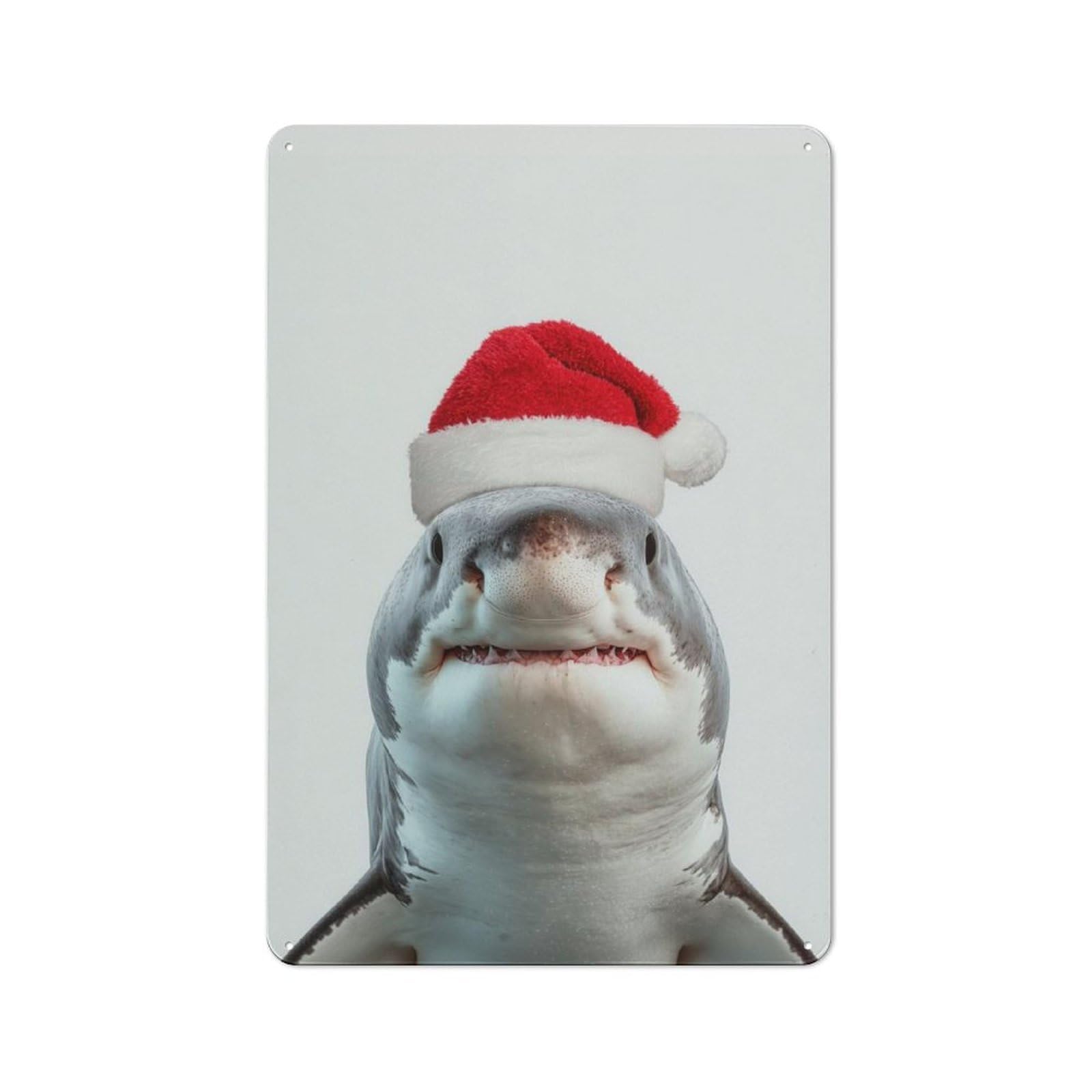 Junmoney Great White Shark With Santa Hat Tin Wall Plaque 30X20cm With For Home Office Or Studio, Gift Idea At Christmas For Creative Workspace Decorators