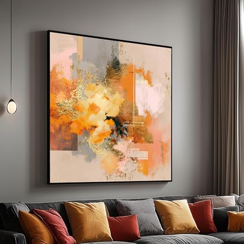 Toile dorée chaleureuse pour salon décoration orange et pêche contemporaine