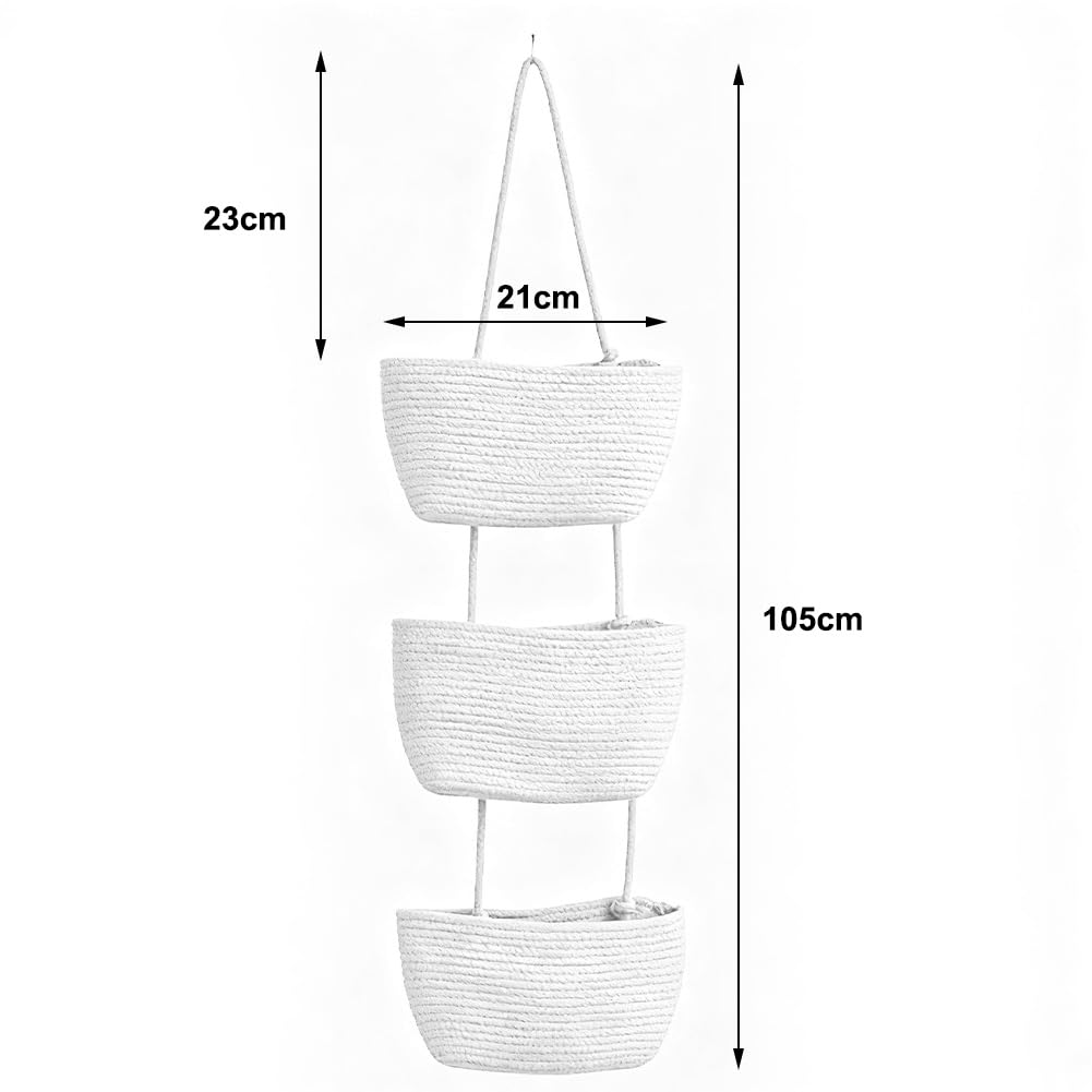 Organizer A Parete In Cotone – 3 Cestini Intrecciati Da Appendere, 105x21 Cm, Per Bagno, Cameretta E Porta