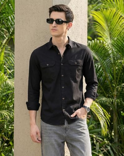 Image of IndoPrimo Men's Cotton Shirt with Stylish Flap Pockets Full Sleeves Spread Collared Neck Solid Pattern Western Style Classic Fit and Standard Length