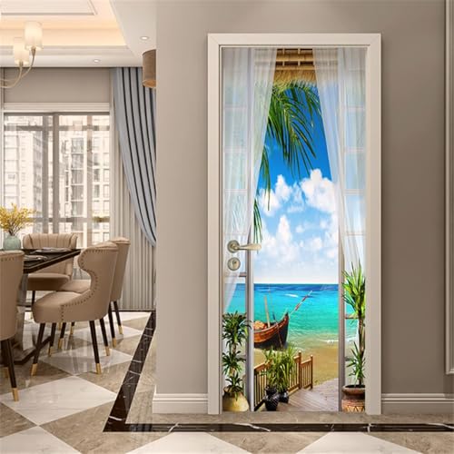 Tizhweqo Adesivi per Porte Interne Vista Mare Adesivo Porta 3D Hawaii Murale Decorazione da Parete Poster per Soggiorno Camera da Letto Autoadesiva Carta da Parati 80x200 c3872