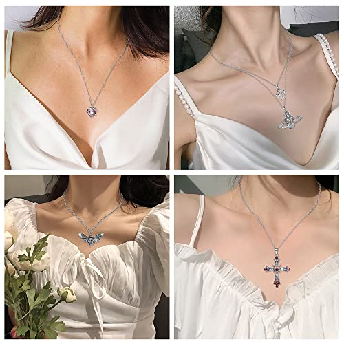 Sanfenly Vintage Gothic Necklace Set for Women Punk Grunge Cross Heart Bat Spider Angel Wing Saturn Skull Pendant Layered Choker Statement Necklaces3