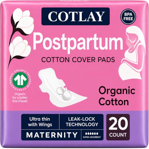 COTLAY Postpartum Pads | Ultra Thin, Long and High Absorbency 20 Count | Organic Cotton Maternity Pads for Postpartum Bleeding | Overnight Protection with Wings 10 Pads x 2 Packs