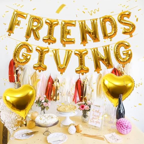 Image of Friendsgiving Balloons Friends Giving Party Decorations 16 Inches Tall Gold Heart Friendsgiving Foil Mylar Balloon Letter Banner for Fall Theme Thanksgiving Friends Party Backdrop Supplies