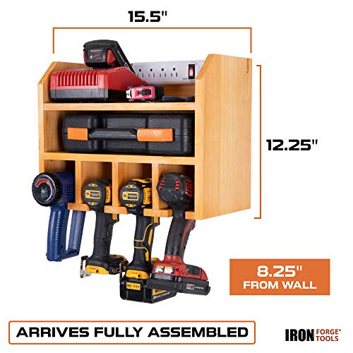 Power Tool Organizer for Garage - Fully Assembled Wood Tool Chest and 4 Drill Charging Station - Power Strip Included - Great Workshop Organization and Storage Gift for Men