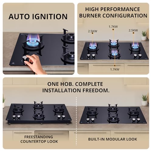 Image of Elica 90cm 4 Burner Auto Ignition Hob | RG FLEXI 491 LOTUS IND HD Brass | SABAF Brass Burners | Built-in & Freestanding | Toughened Black Glass | 10-Year Burner & 5-Year Glass Warranty