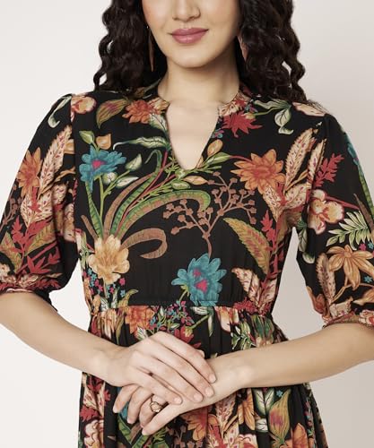 Image of PIDAVLIYA'S Women's Cotton Floral Printed Midi Dress | V-Neck Fit & Flare Dress with Puff Sleeves | Casual Summer Wear