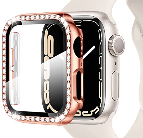 Miimall Bling Case Compatible for Apple Watch Series 8/7 45mm, PC Case with Tempered Glass Screen Protector&Crystal Diamonds