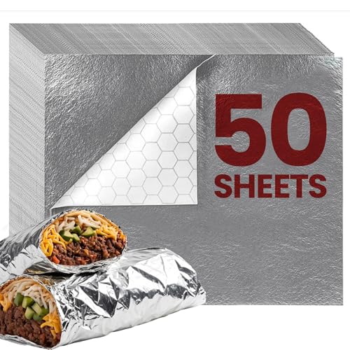 50 Packs Heavy Duty Insulated Aluminum Foil Sheets 14 x 10.3 Disposable Food Wraps for Sandwiches Burritos BBQ Burgers Hot & Cold Food