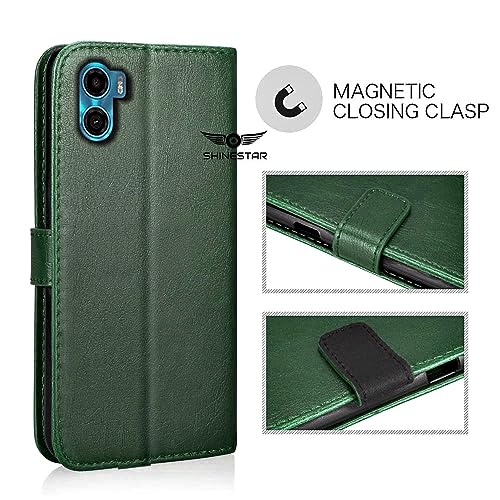Image of SHINESTAR Motorola Moto E32 Flip Back Cover | PU Leather Flip Cover Wallet Case with TPU Silicone Case Back Cover for Motorola E32 - Unique Green