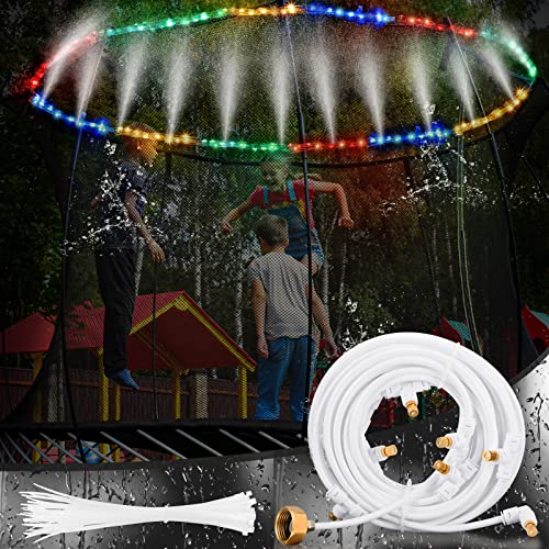 Trampoline Sprinkler for Kids with 39.4ft LED Trampoline Lights 39 ft Long Outdoor Trampoline Water Sprinkler with Remote Control Trampoline Rim LED Light for Outdoor Water Games Yard (Whirl)